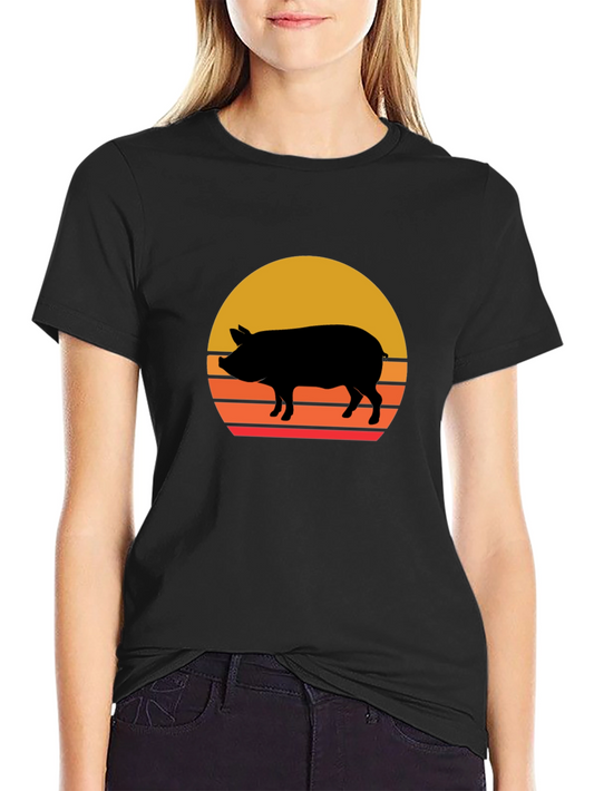 Retro Pig Sunset Graphic Tee - Black Cotton T-Shirt