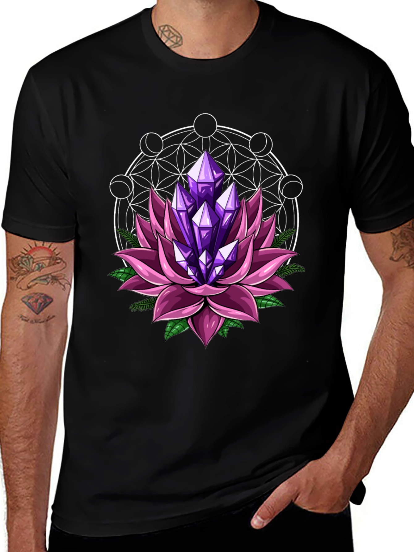 Lotus Crystal Graphic Tee - Stylish Mens Black T-Shirt