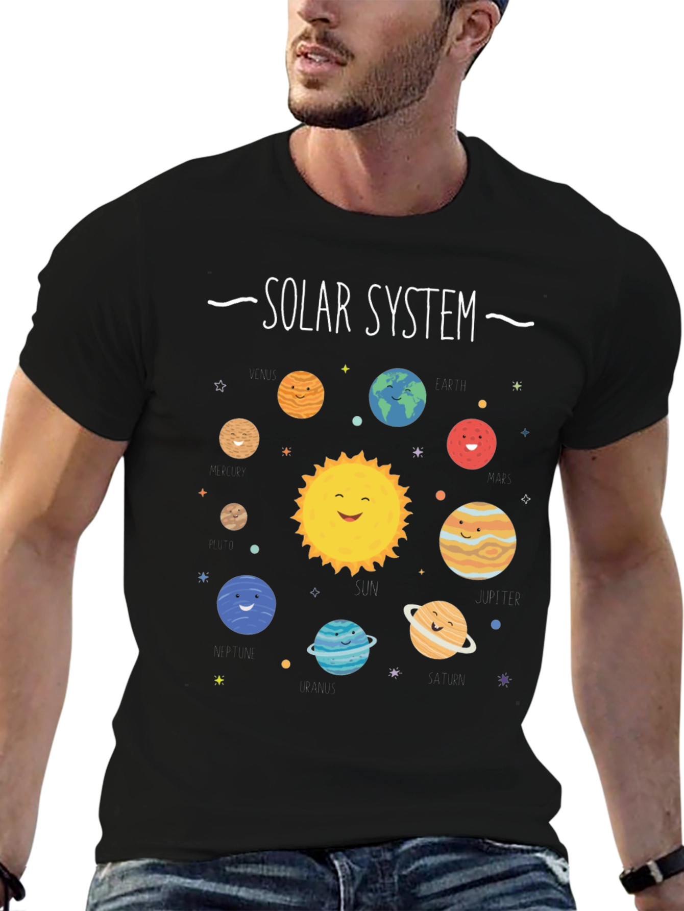 Solar System Graphic Print Black T-Shirt