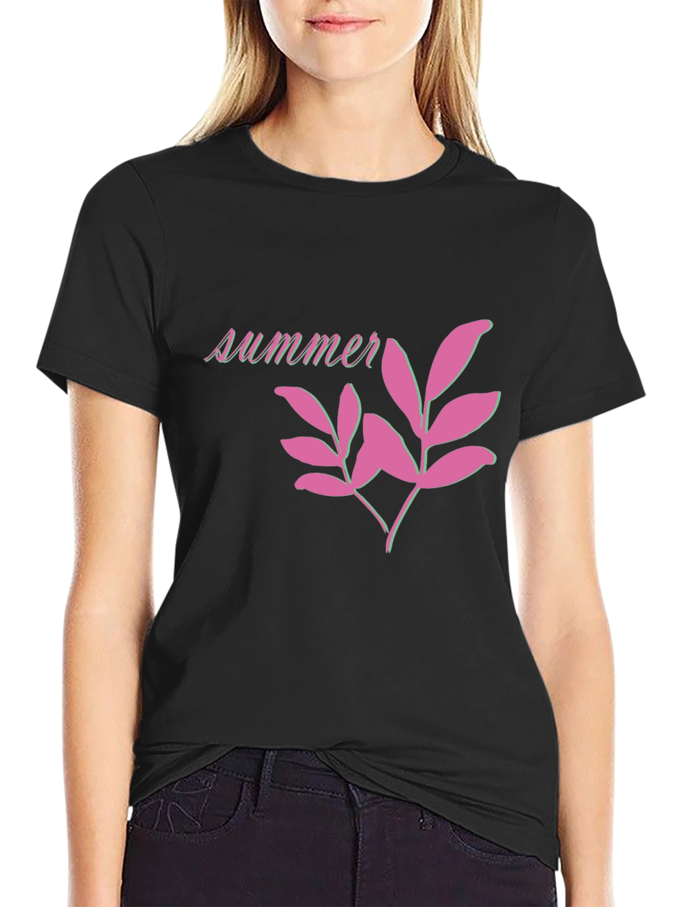 Summer Leaf Graphic Black T-Shirt