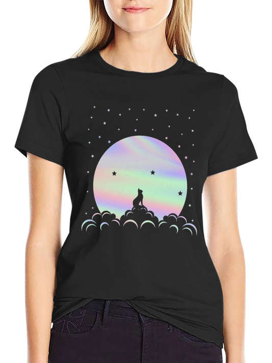 Moon Gazing Wolf Graphic Tee - Black Cotton T-Shirt