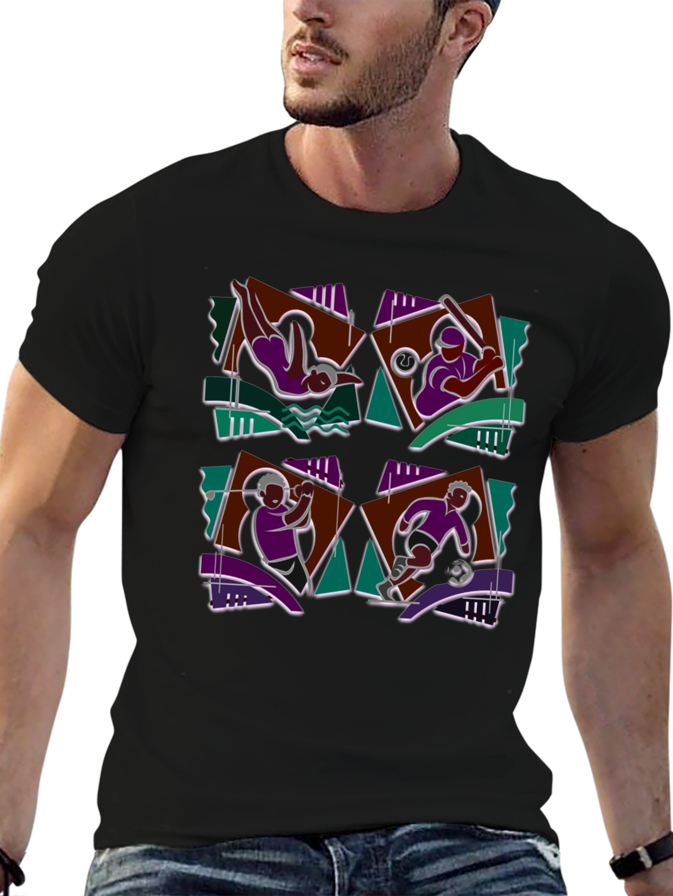 Geometric Sports Graphic Black T-Shirt