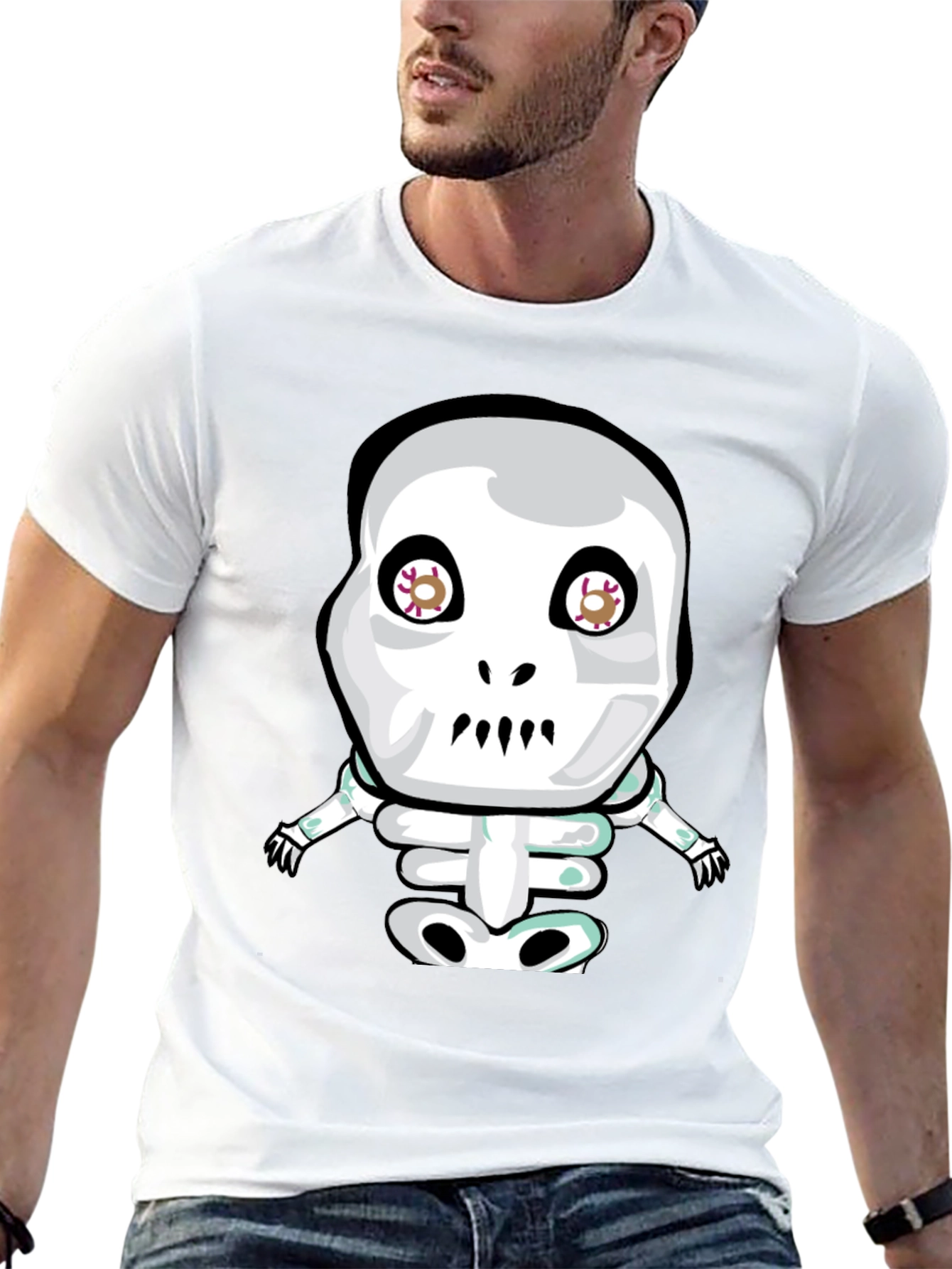 Cartoon Skeleton Graphic Tee - Black