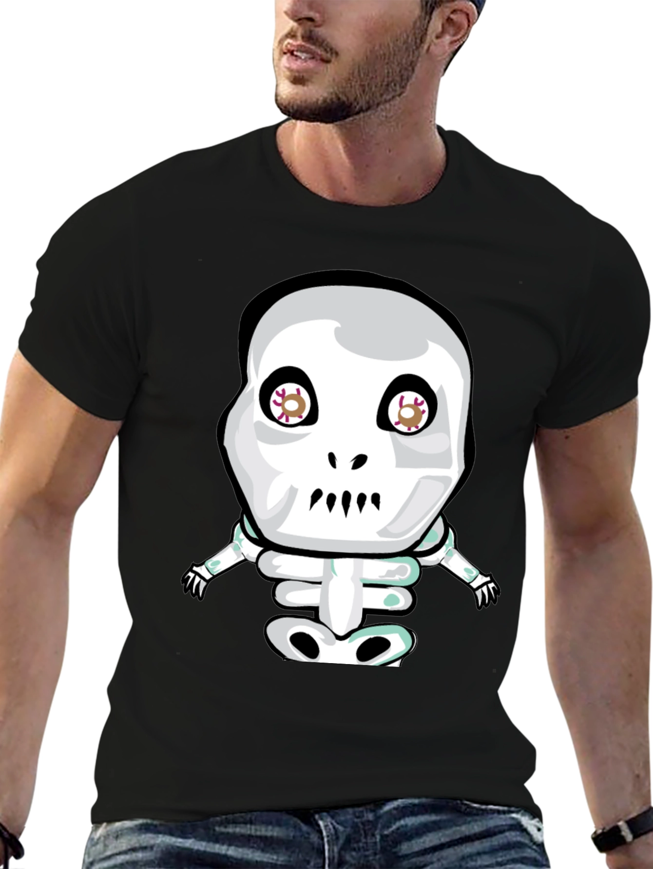 Cartoon Skeleton Graphic Tee - Black