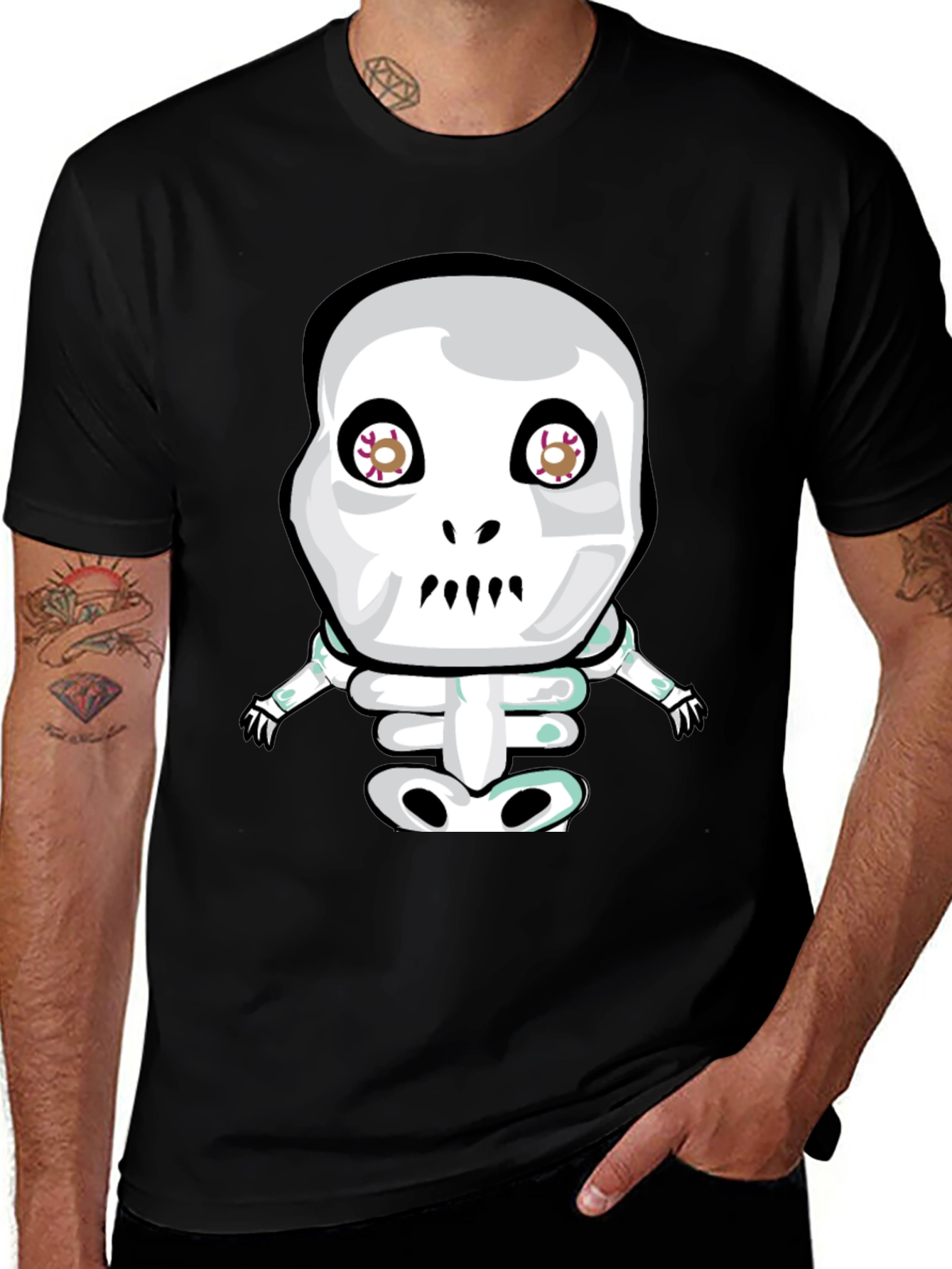 Cartoon Skeleton Graphic Tee - Black