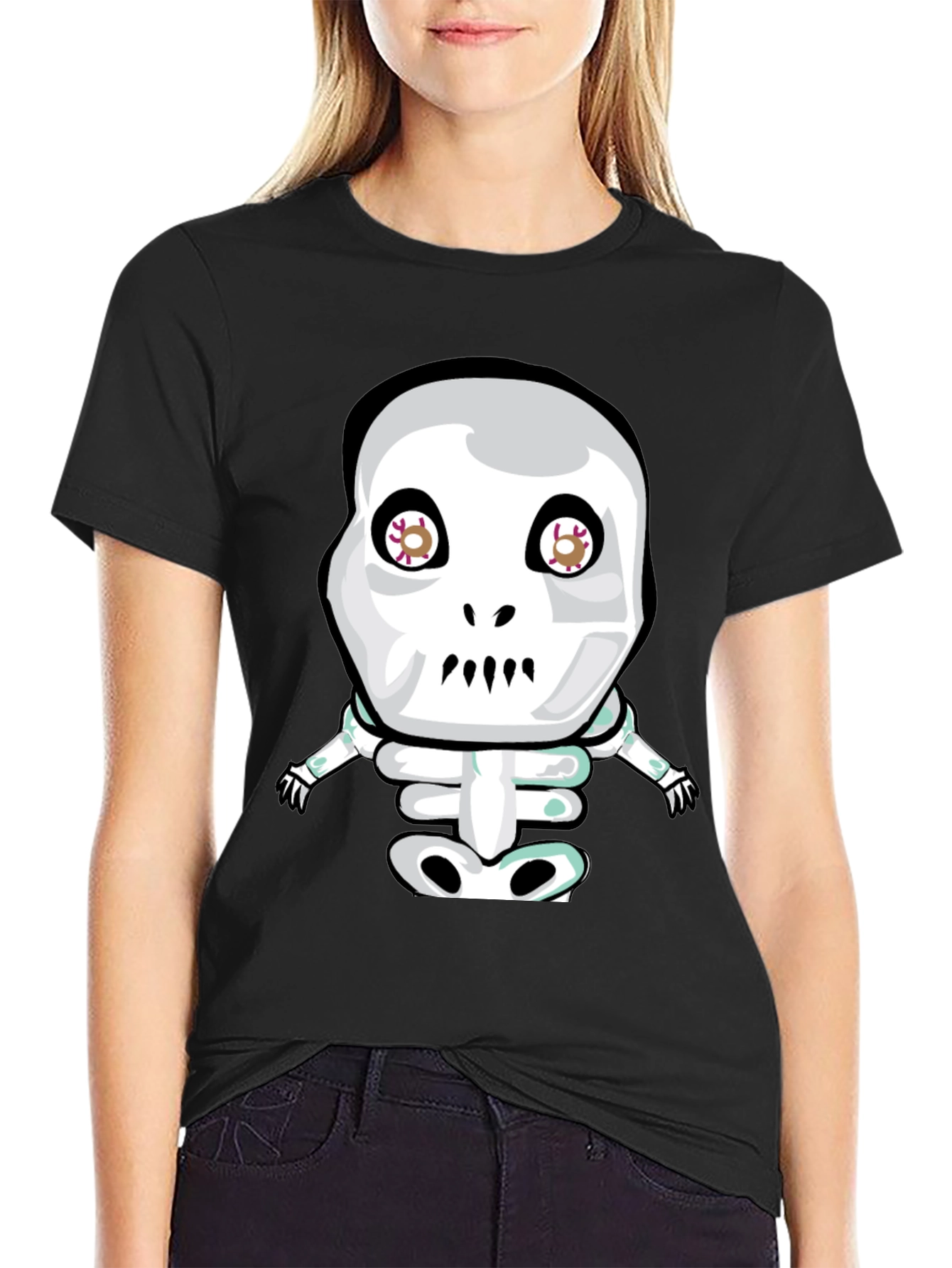 Cartoon Skeleton Graphic Tee - Black