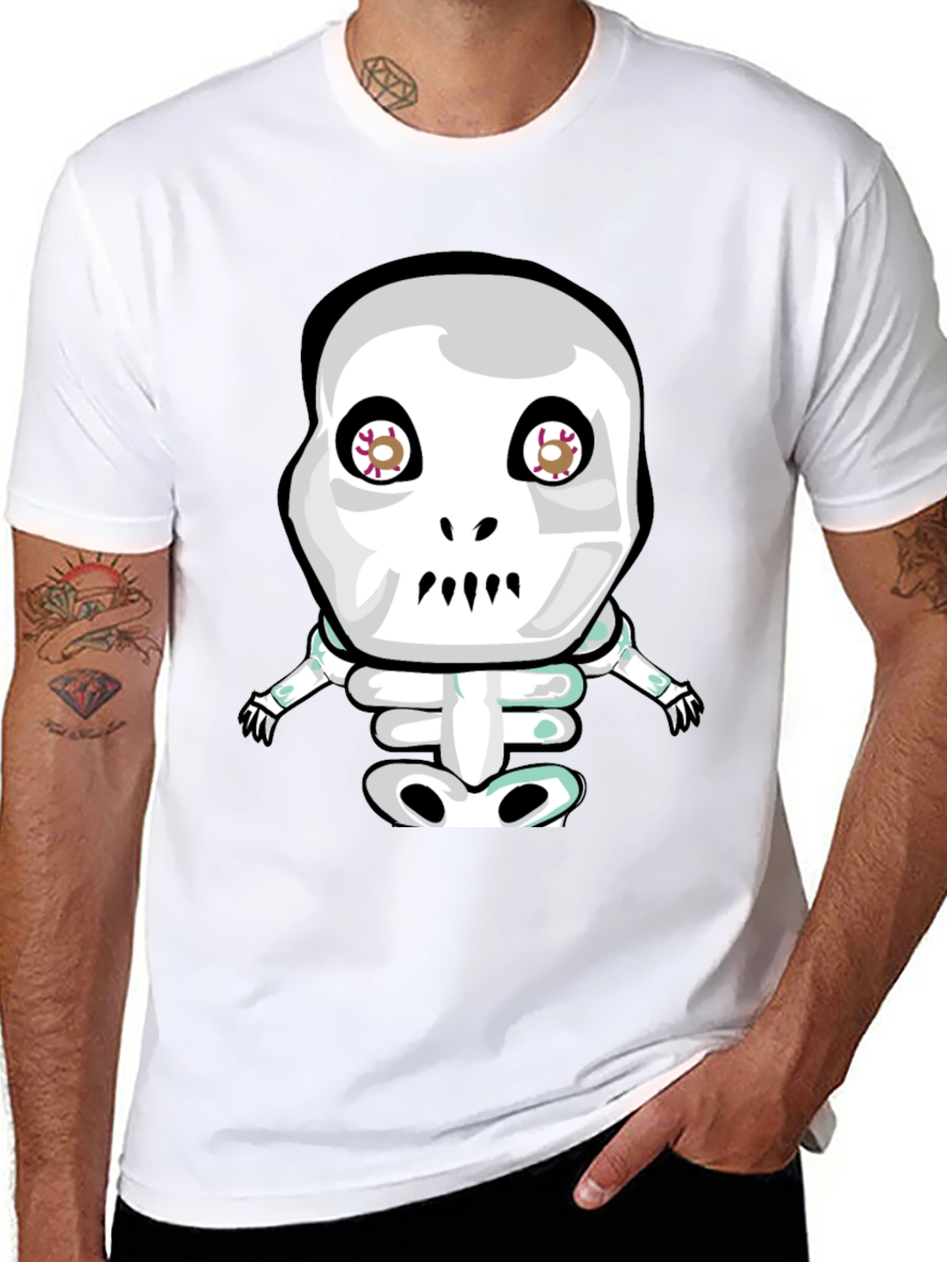 Cartoon Skeleton Graphic Tee - Black
