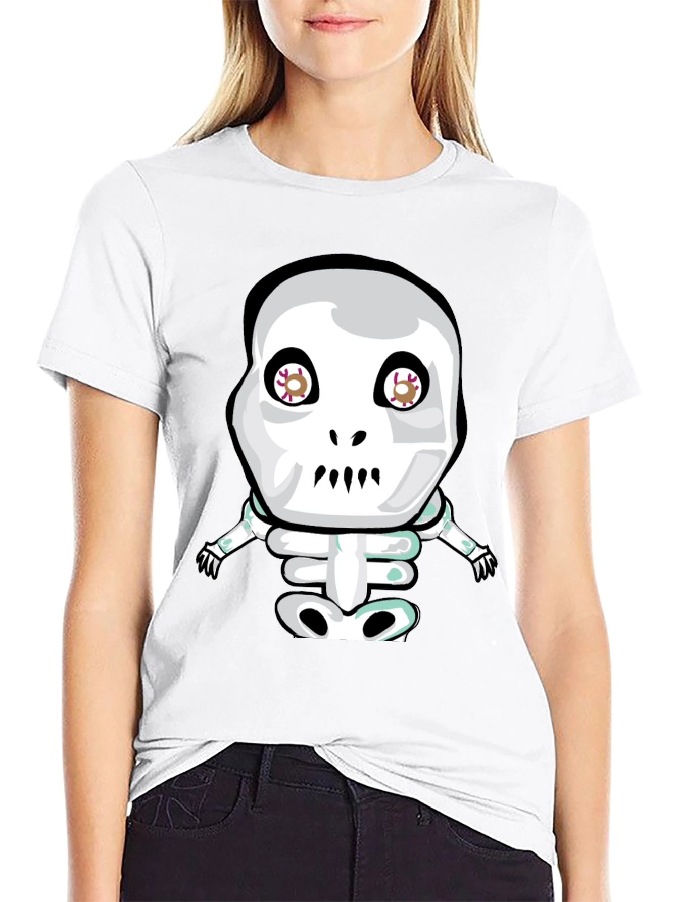 Cartoon Skeleton Graphic Tee - Black