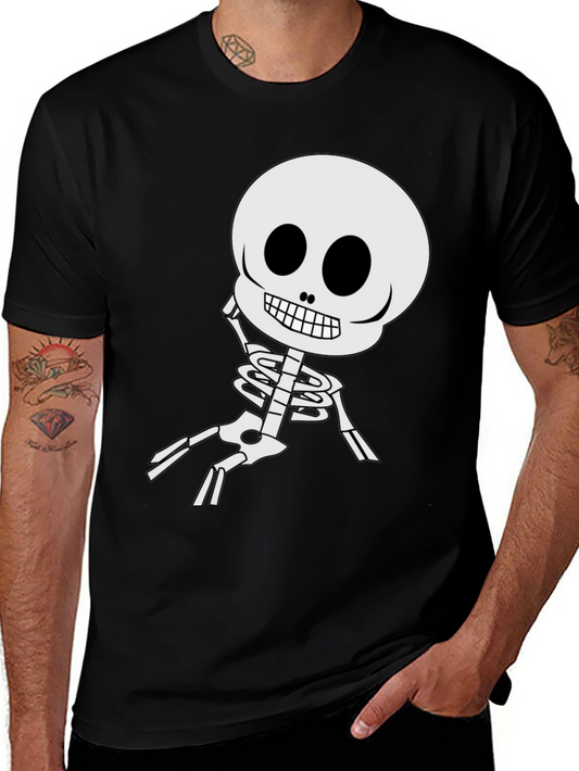 Cartoon Skeleton Graphic Tee - Black Cotton Blend