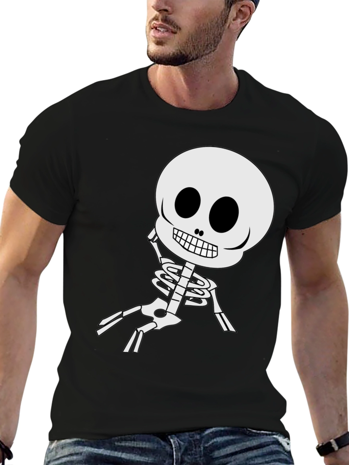 Cartoon Skeleton Graphic Tee - Black Cotton Blend