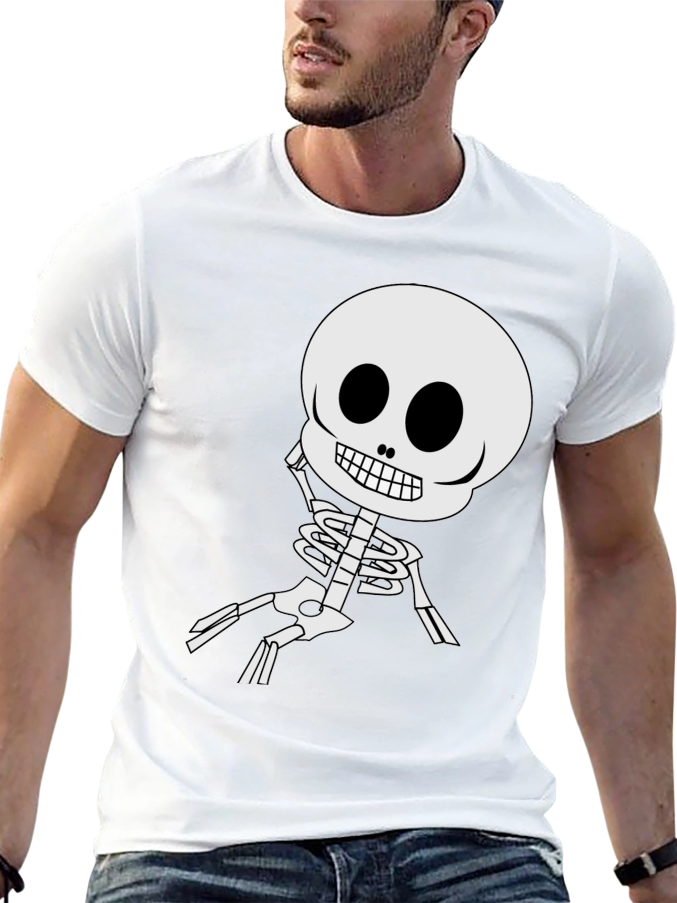 Cartoon Skeleton Graphic Tee - Black Cotton Blend