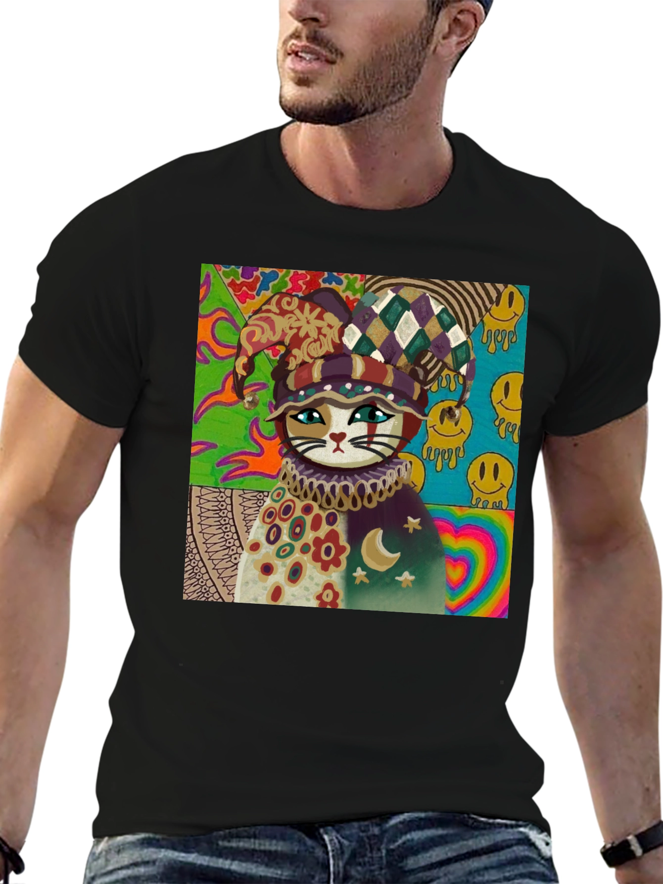 Psychedelic Cat Jester Graphic Tee - Unique Design