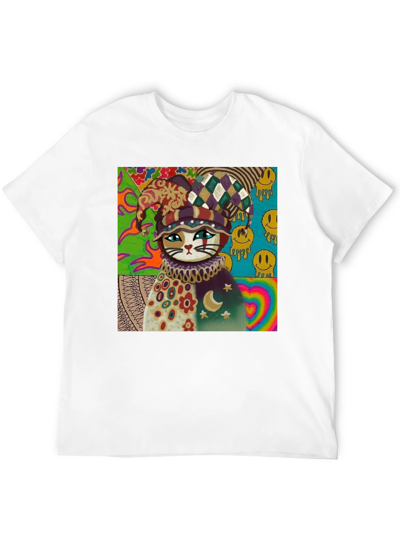 Psychedelic Cat Jester Graphic Tee - Unique Design