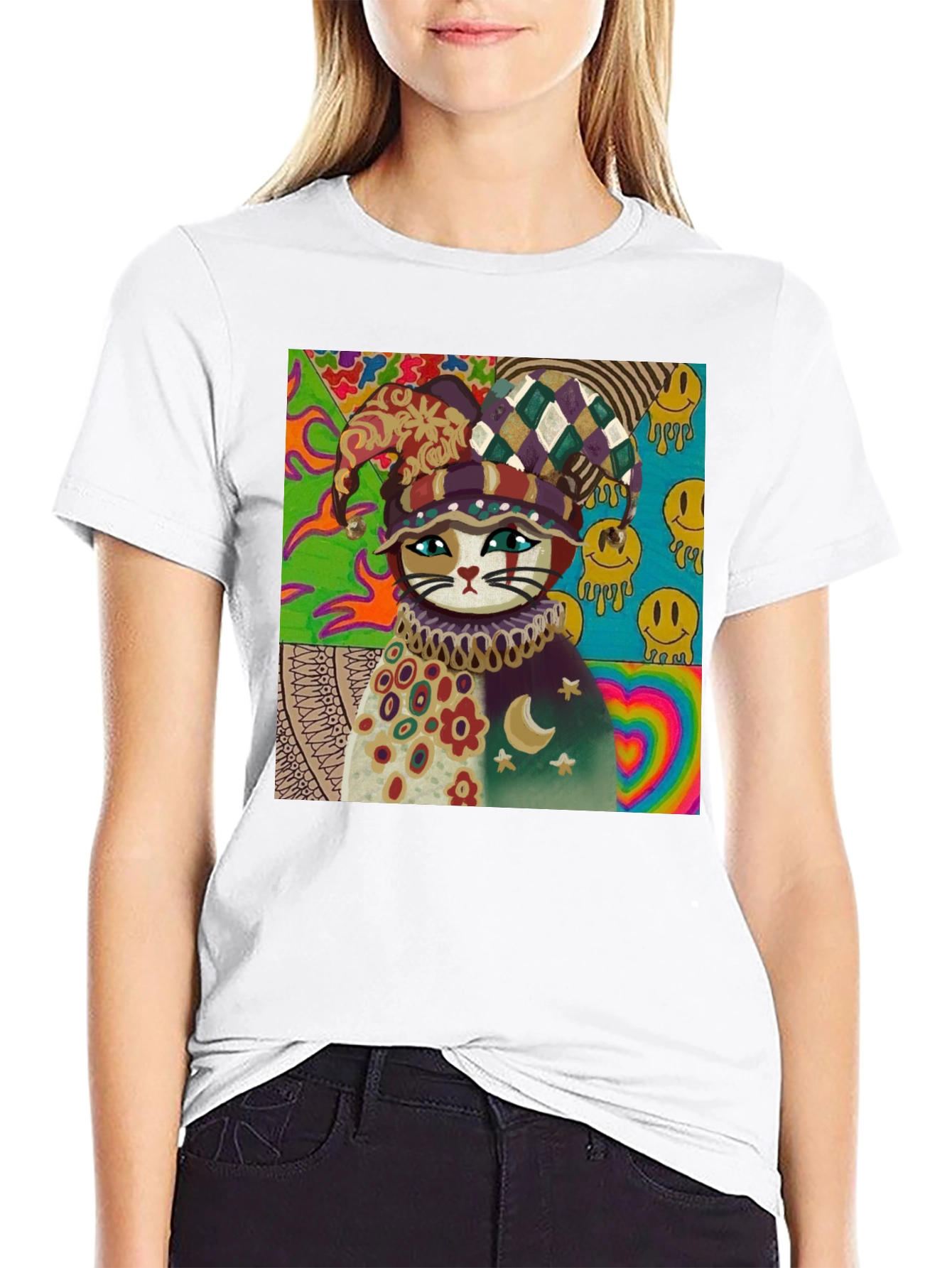 Psychedelic Cat Jester Graphic Tee - Unique Design