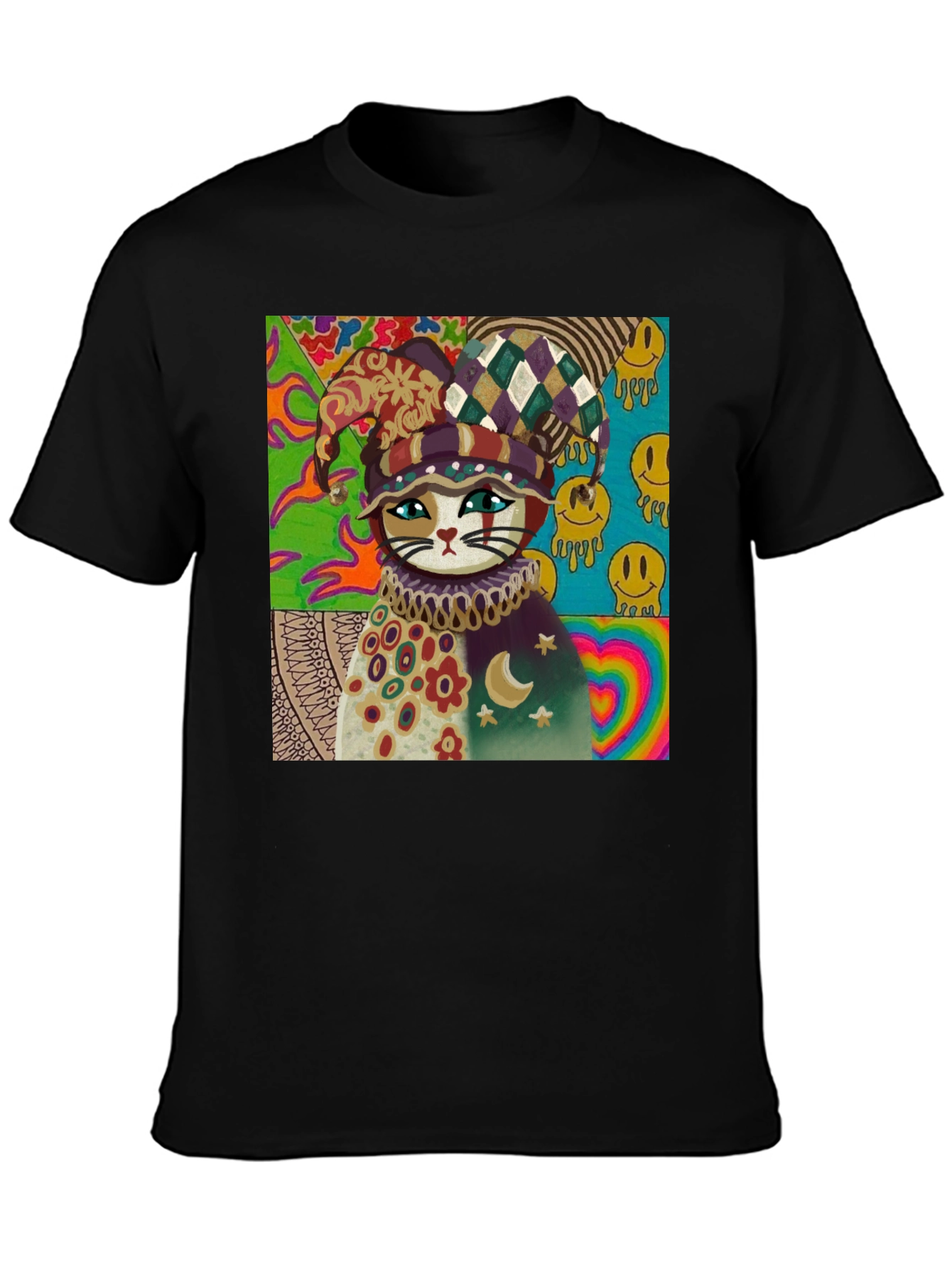 Psychedelic Cat Jester Graphic Tee - Unique Design