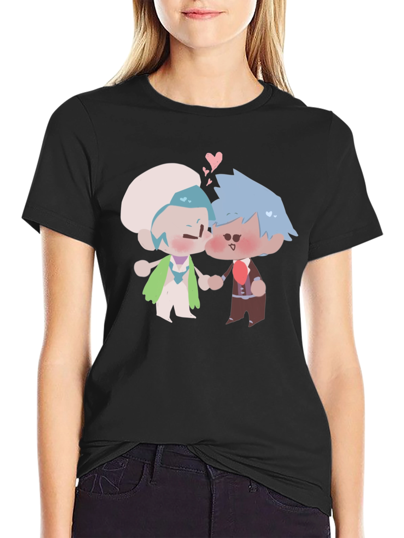 Cute Kissing Cartoon Couple Black T-Shirt