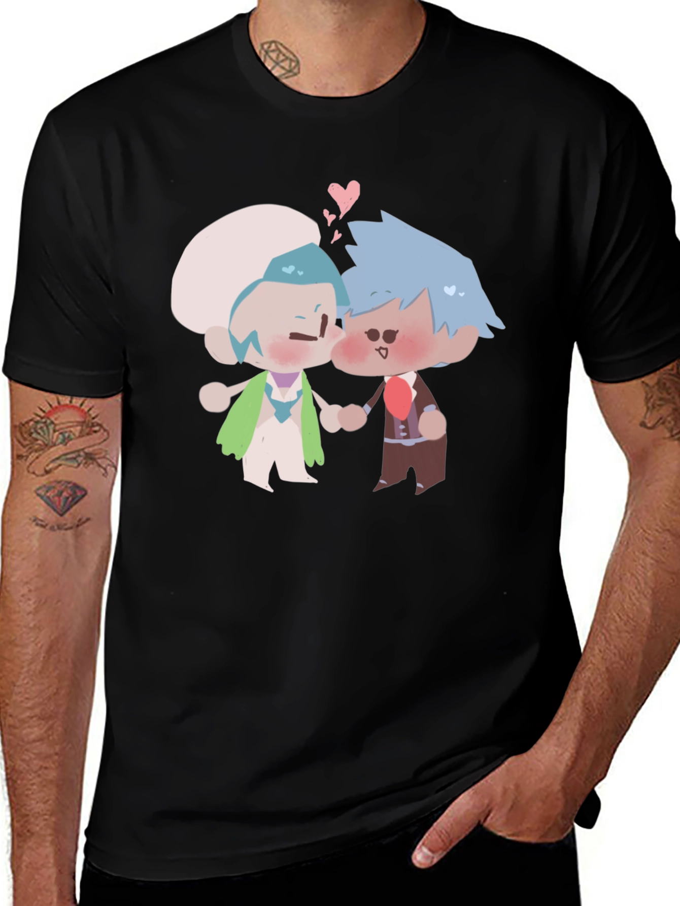 Cute Kissing Cartoon Couple Black T-Shirt