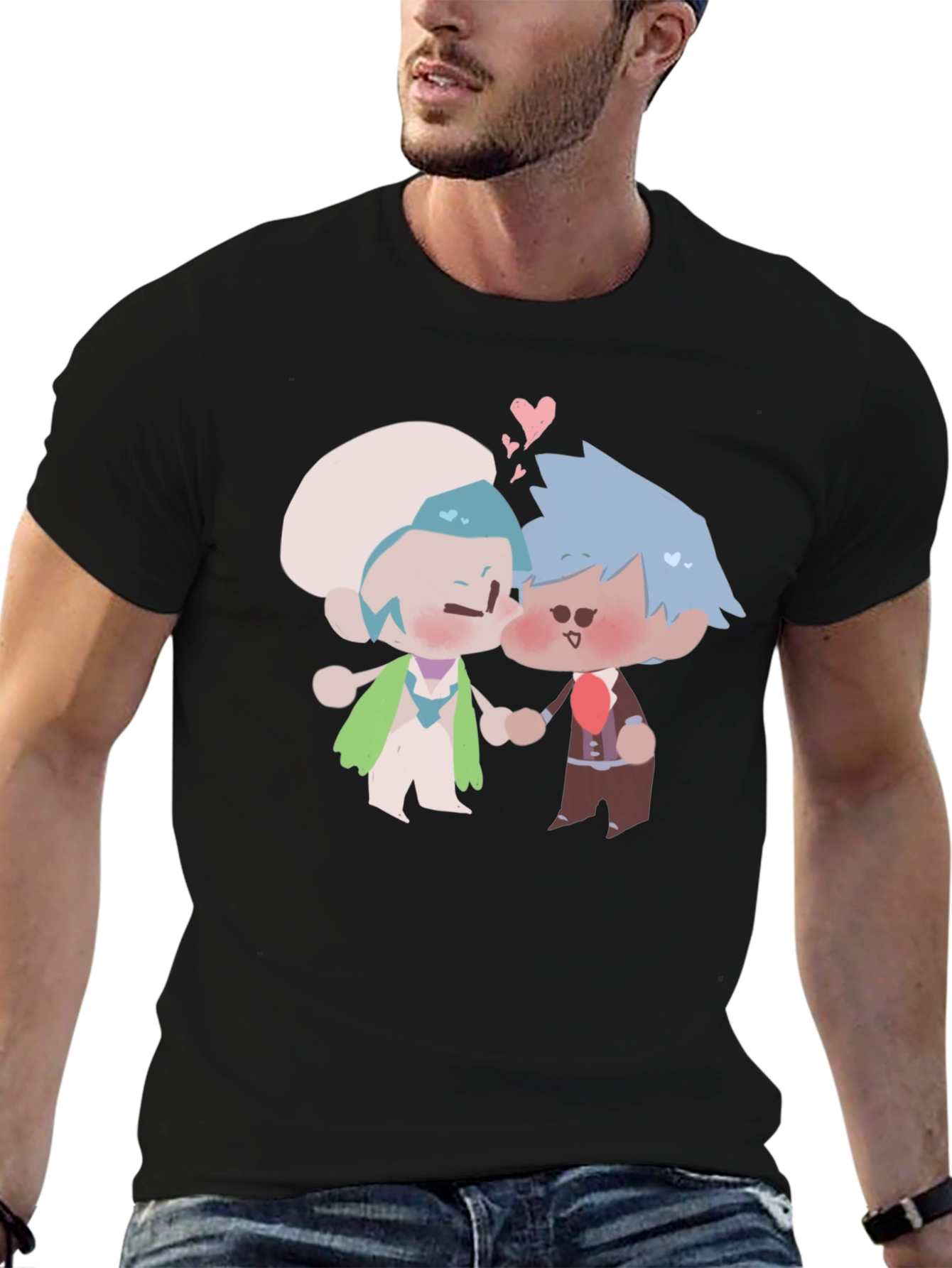 Cute Kissing Cartoon Couple Black T-Shirt