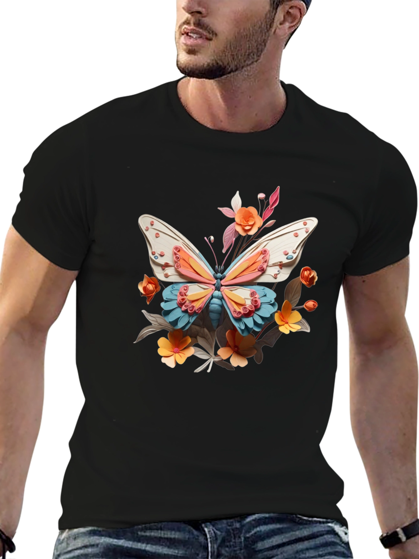 Butterfly Floral Graphic Black T-Shirt