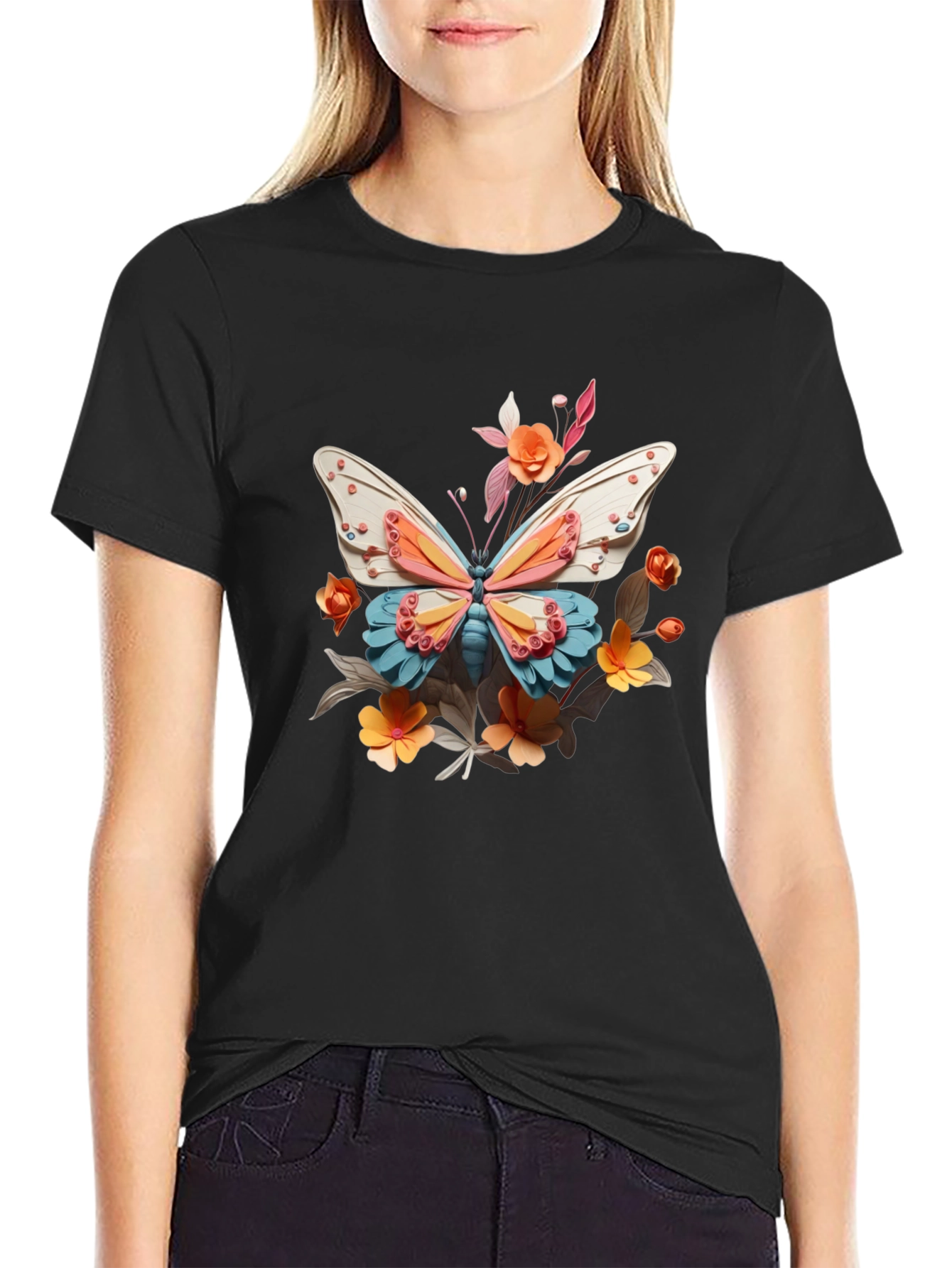 Butterfly Floral Graphic Black T-Shirt