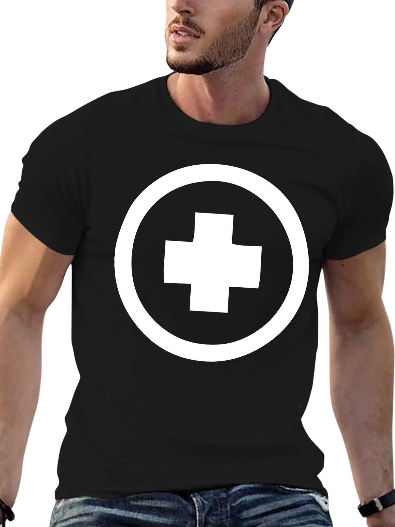 Black T-Shirt with White Cross Circle Graphic