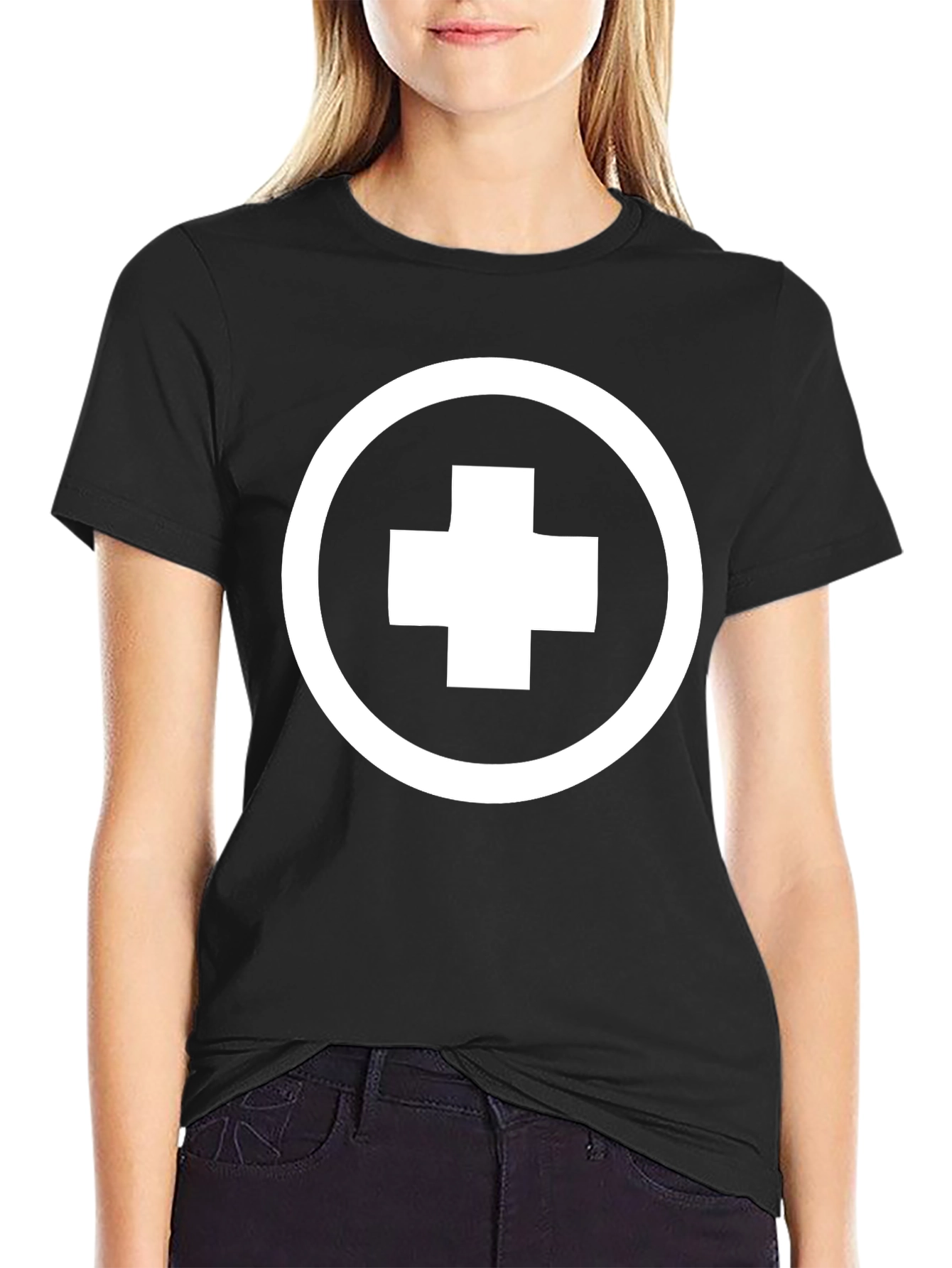 Black T-Shirt with White Cross Circle Graphic
