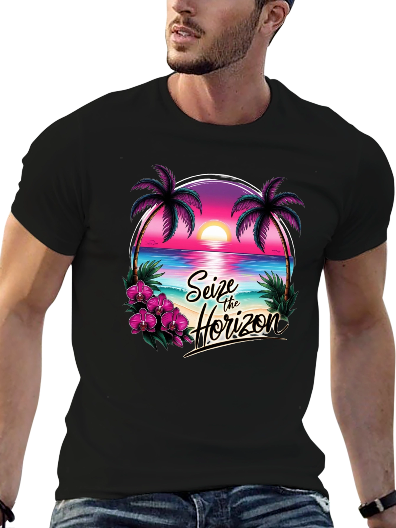 Seize the Horizon Black Graphic T-Shirt