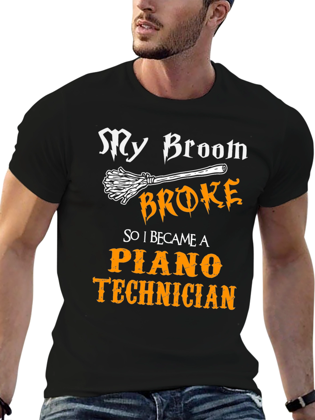 Piano Technician T-Shirt: My Broom Broke Black Cotton Tee