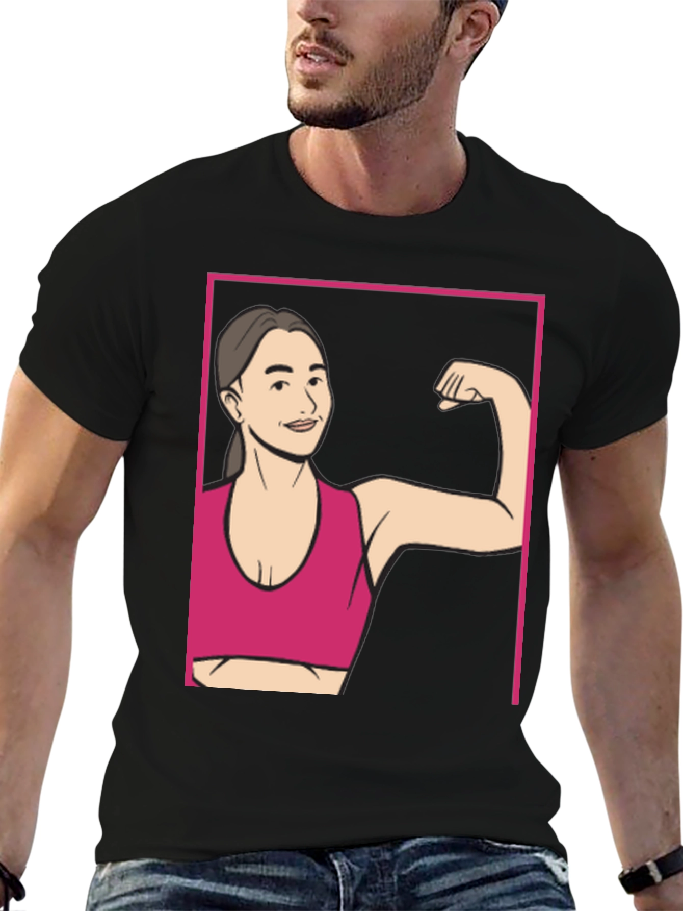 Strong Woman Cartoon Graphic Tee - Black Cotton Shirt