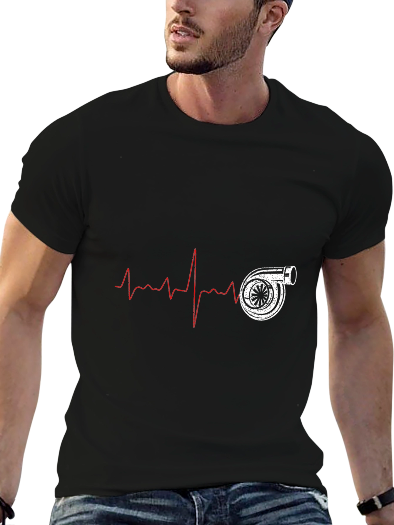 Turbo Heartbeat Black T-Shirt - Automotive Enthusiast Design