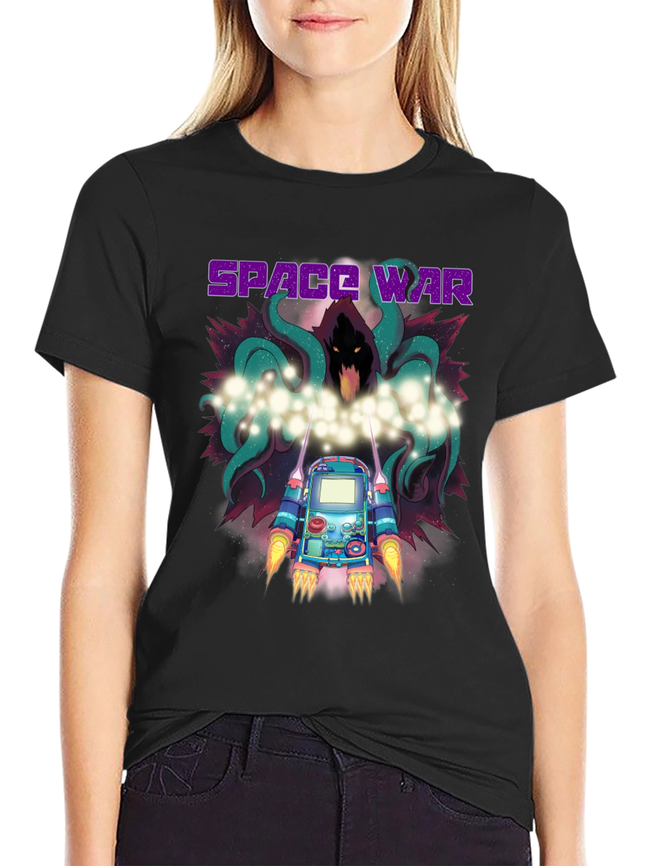 Space War Graphic Print Black T-Shirt