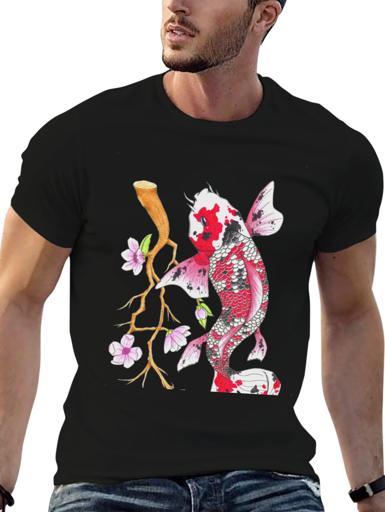 Koi Fish Graphic Tee - Stylish Mens Black T-Shirt