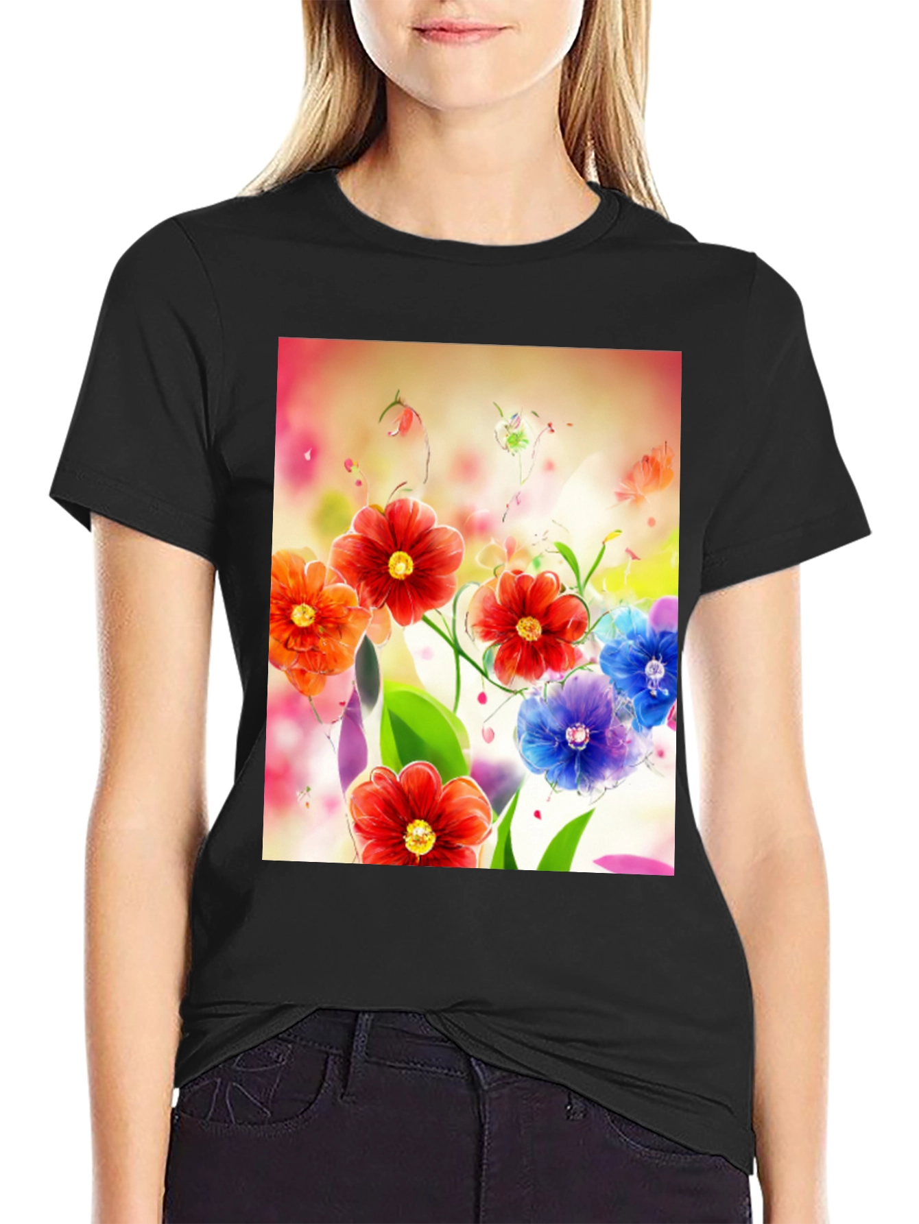 Floral Art Print Black T-Shirt