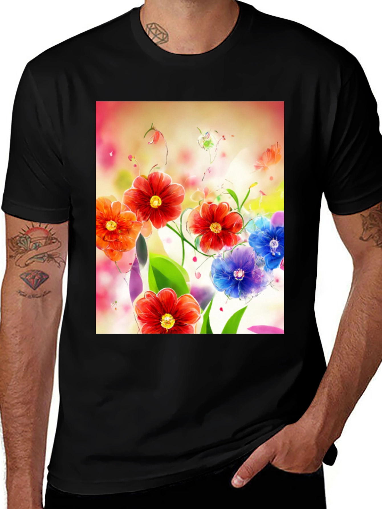 Floral Art Print Black T-Shirt