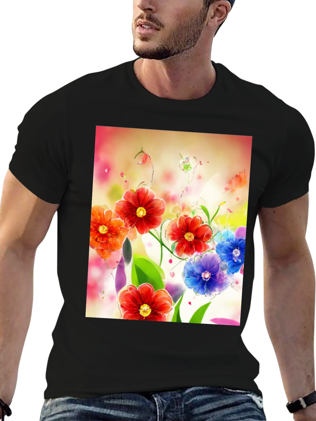 Floral Art Print Black T-Shirt