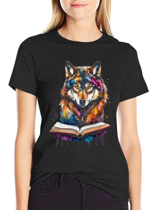 Watercolor Wolf Reading Book Graphic Tee