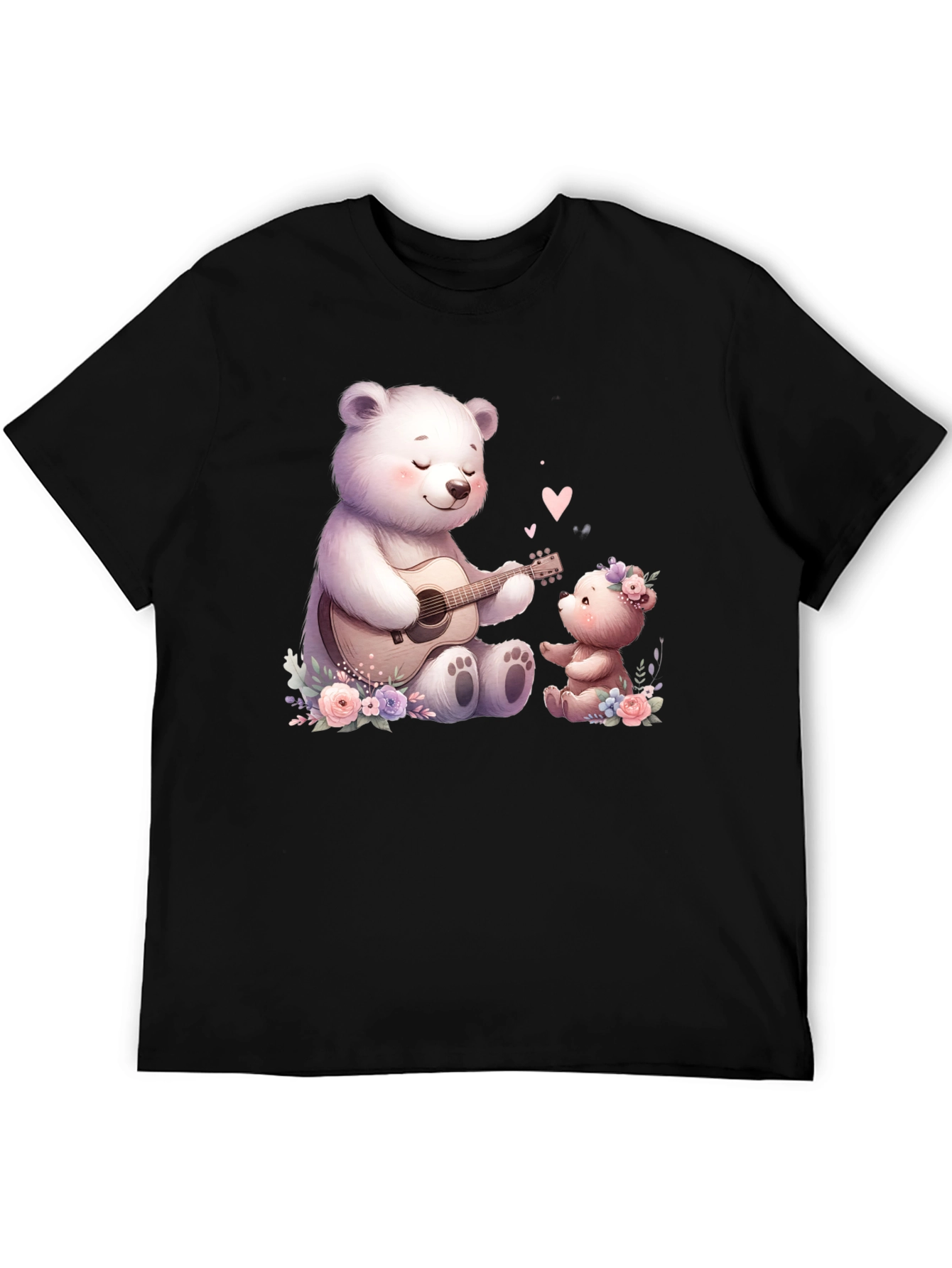 Cute Bears Playing Guitar on Black Tee