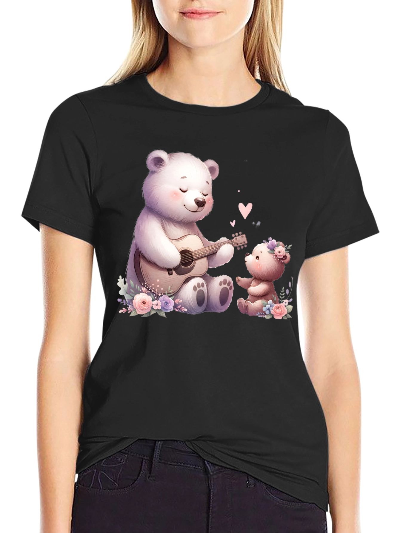 Cute Bears Playing Guitar on Black Tee