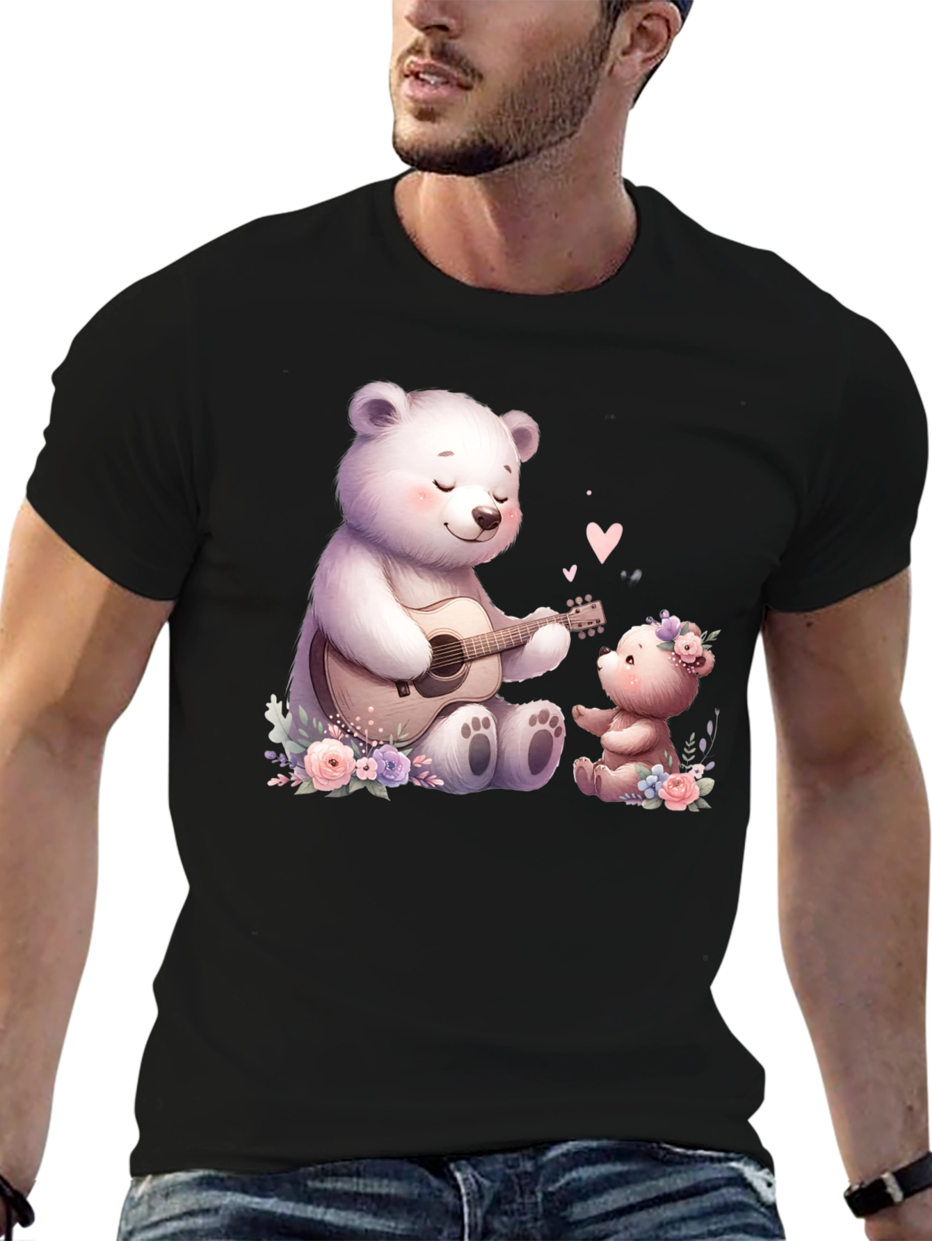 Cute Bears Playing Guitar on Black Tee