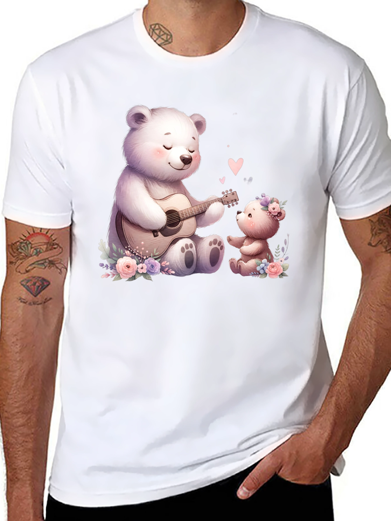 Cute Bears Playing Guitar on Black Tee