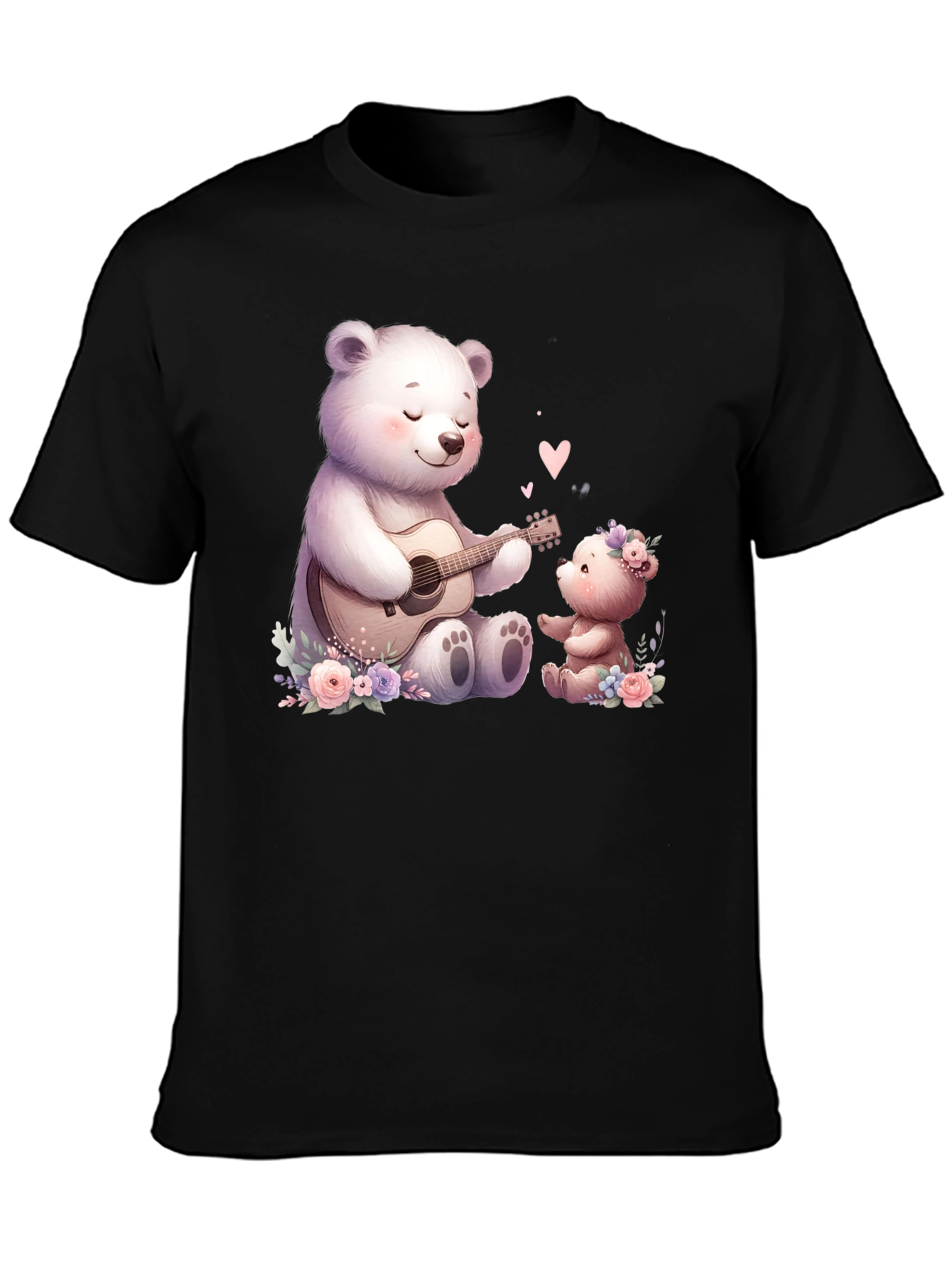 Cute Bears Playing Guitar on Black Tee