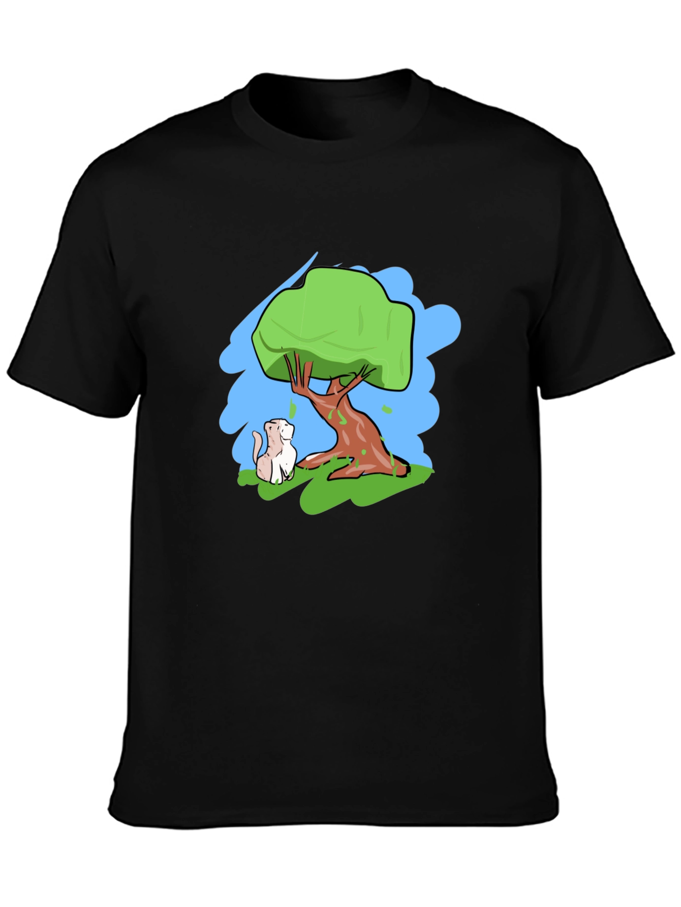 Cartoon Tree & Cat Graphic Black T-Shirt