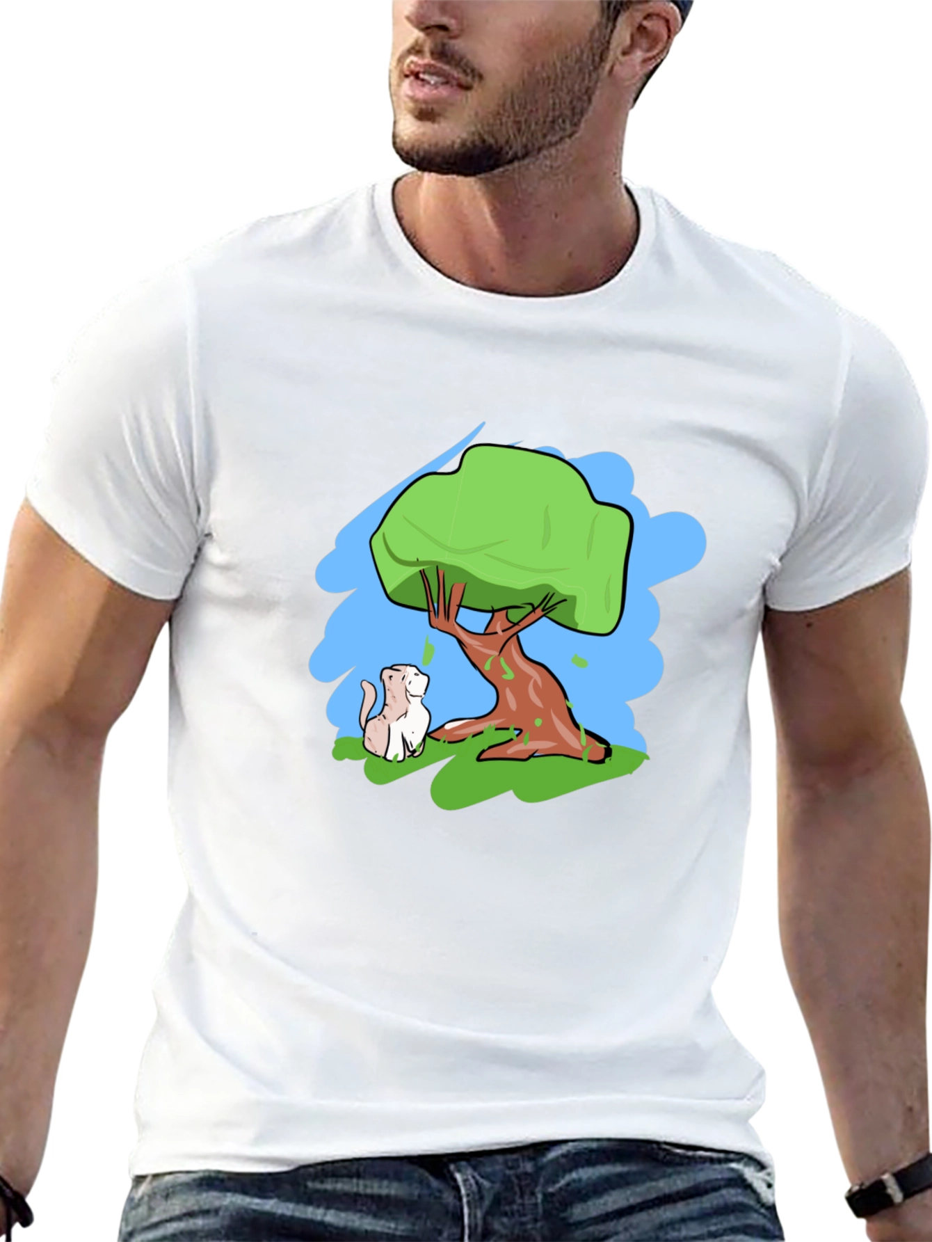 Cartoon Tree & Cat Graphic Black T-Shirt