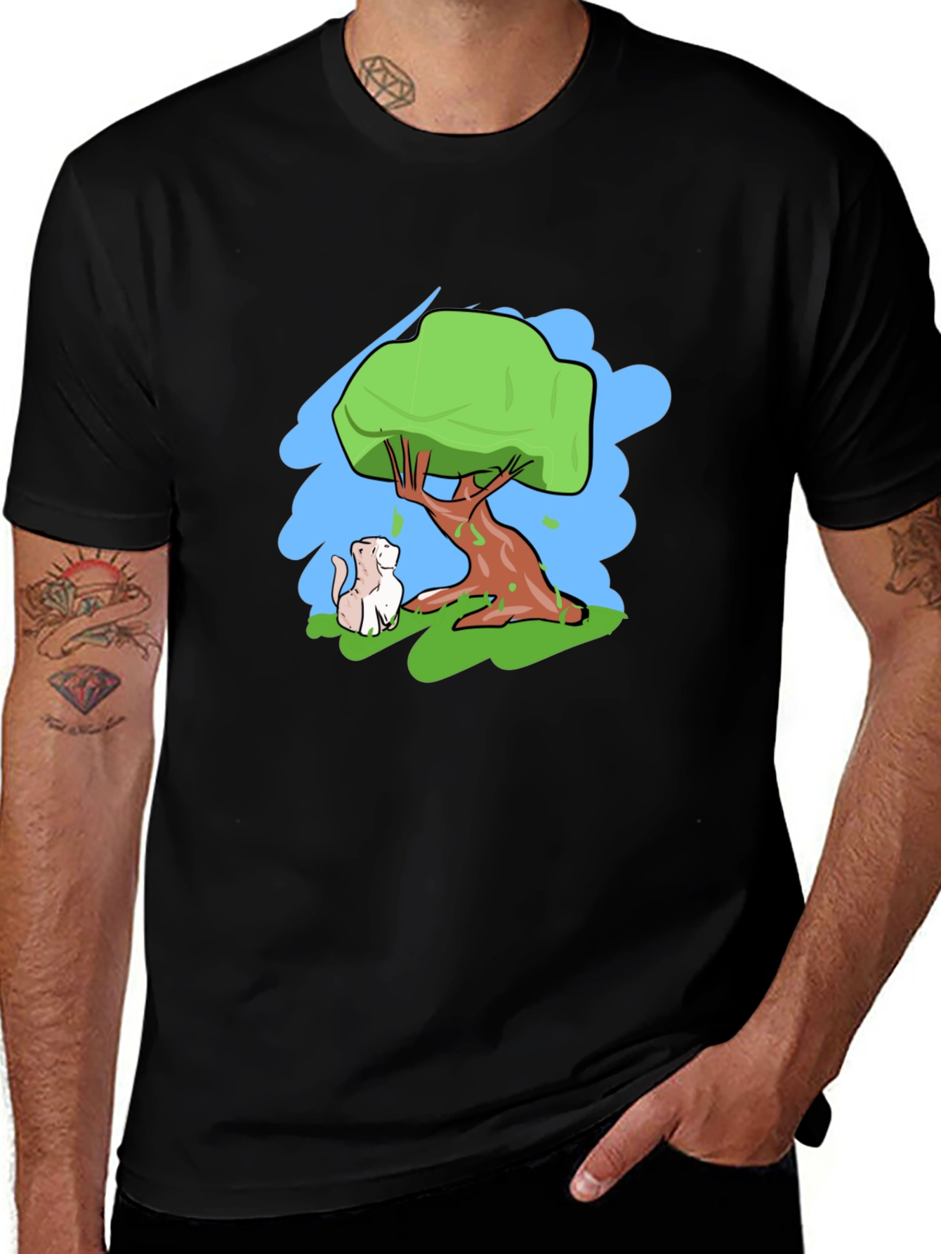 Cartoon Tree & Cat Graphic Black T-Shirt