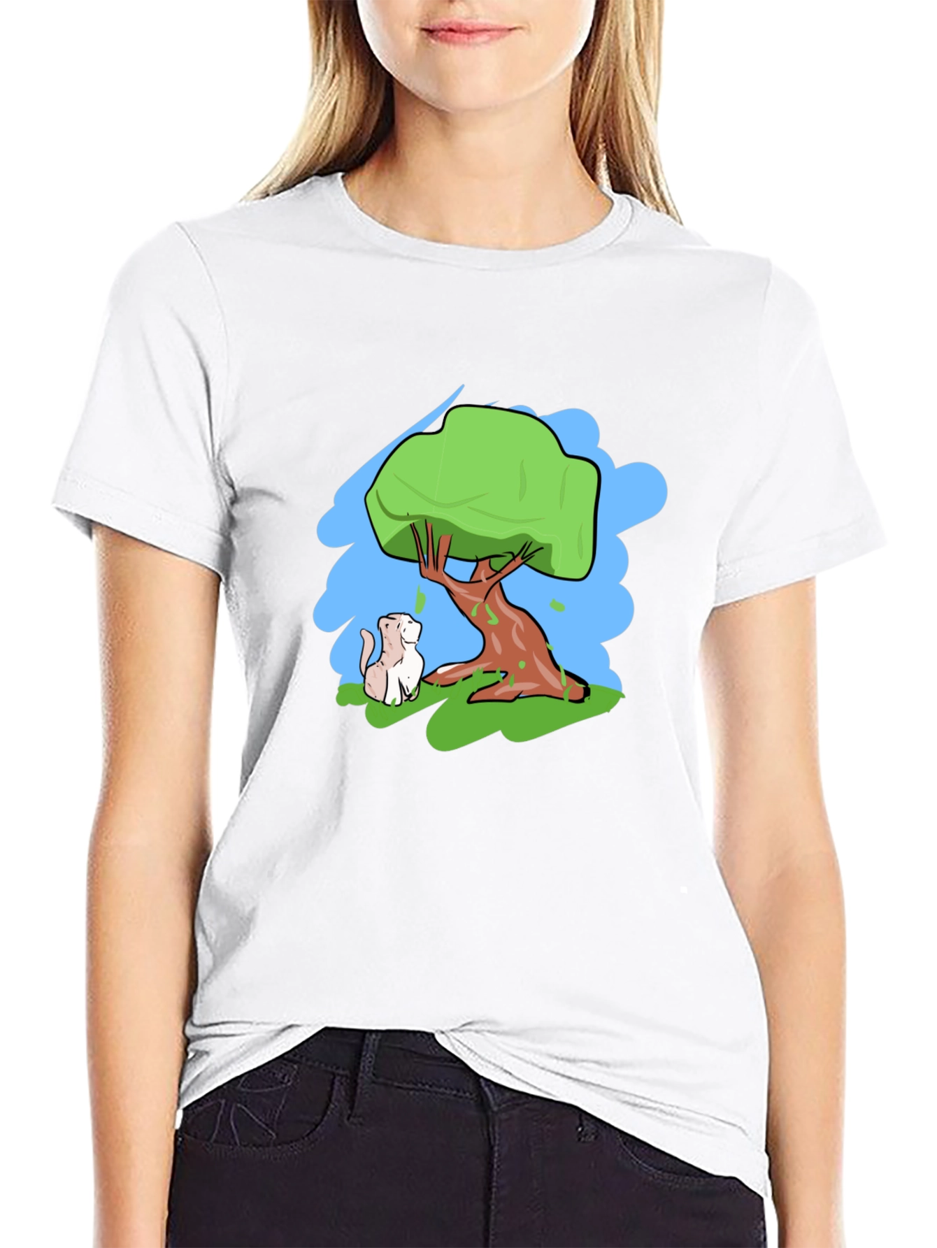 Cartoon Tree & Cat Graphic Black T-Shirt