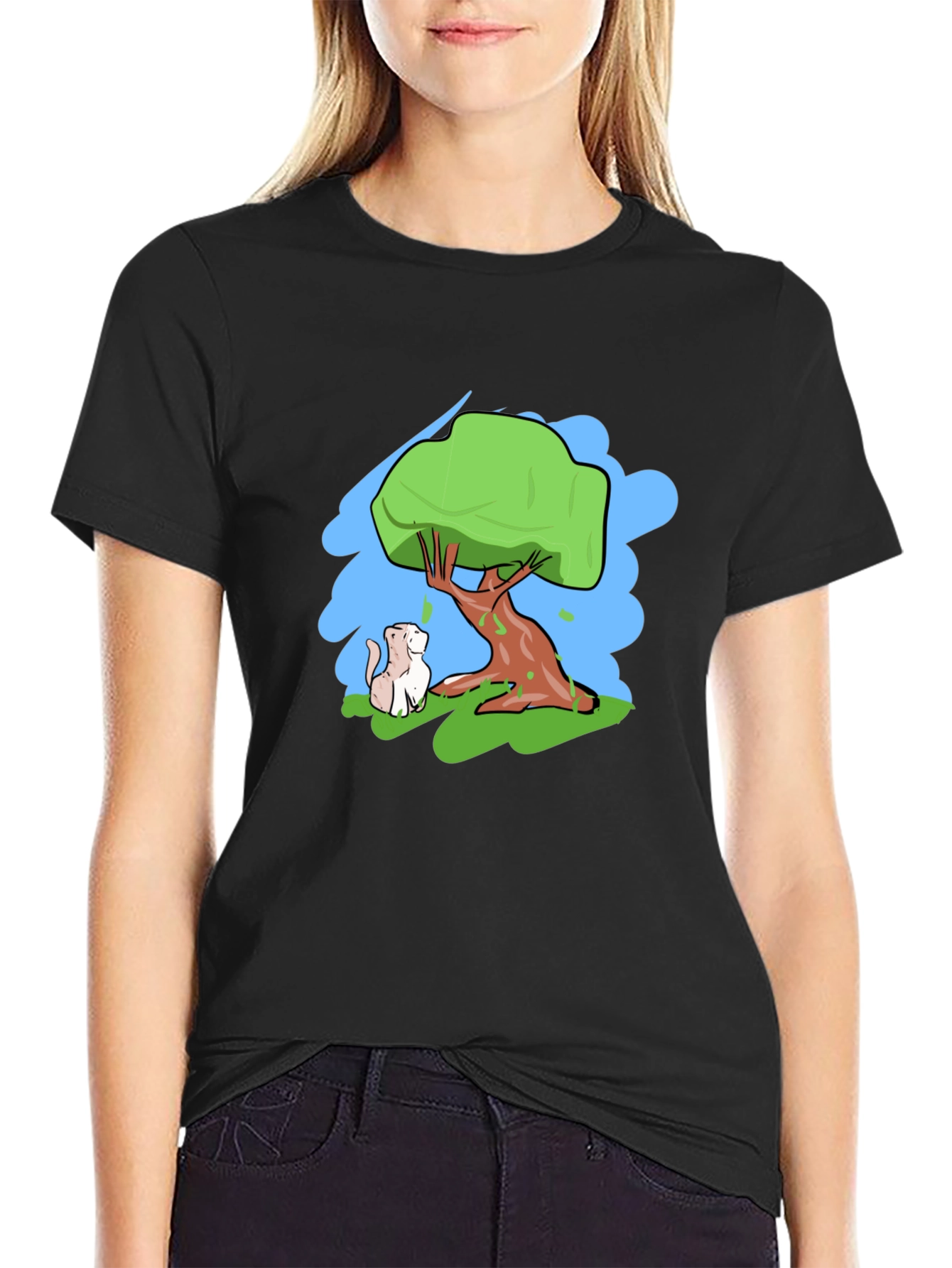 Cartoon Tree & Cat Graphic Black T-Shirt
