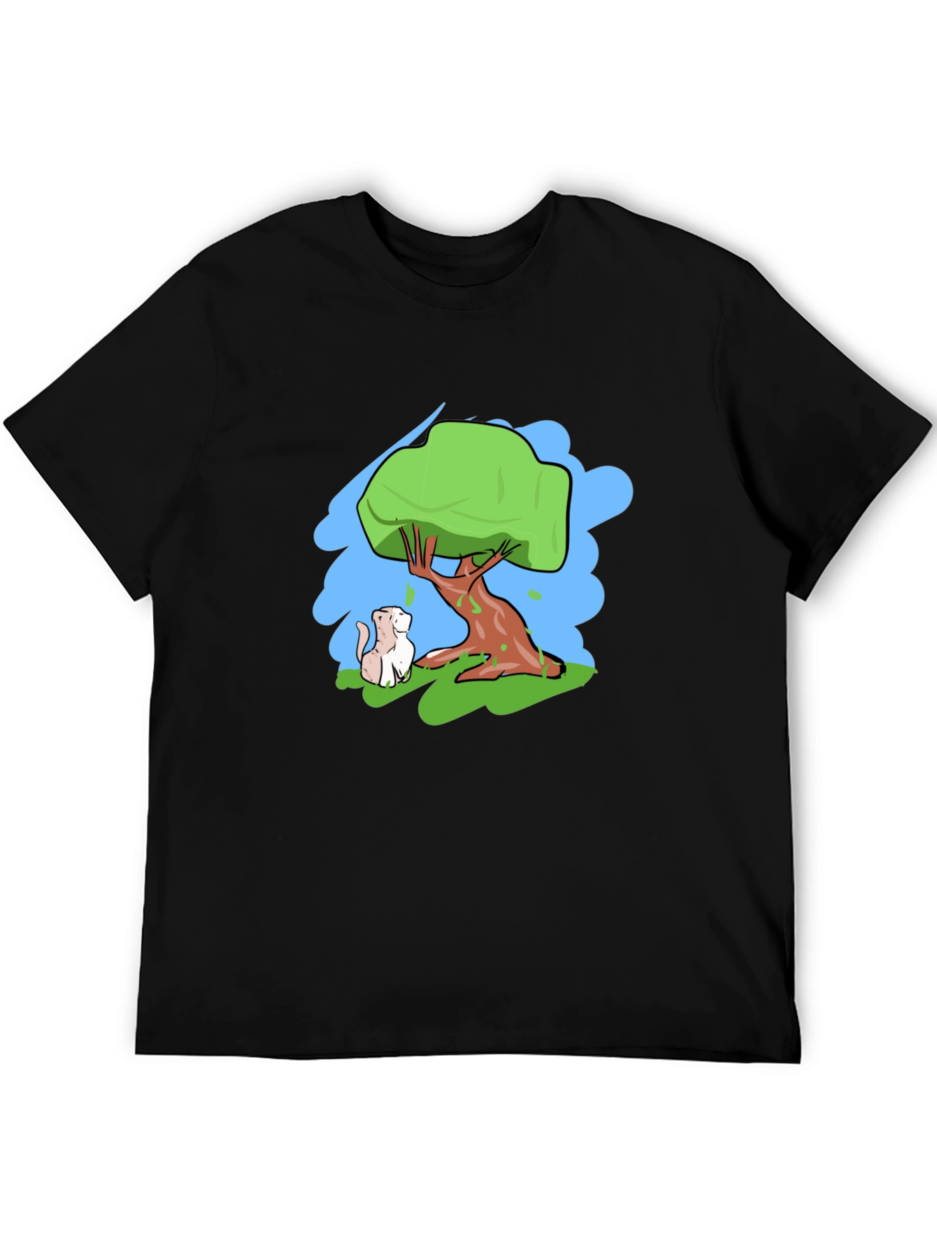 Cartoon Tree & Cat Graphic Black T-Shirt