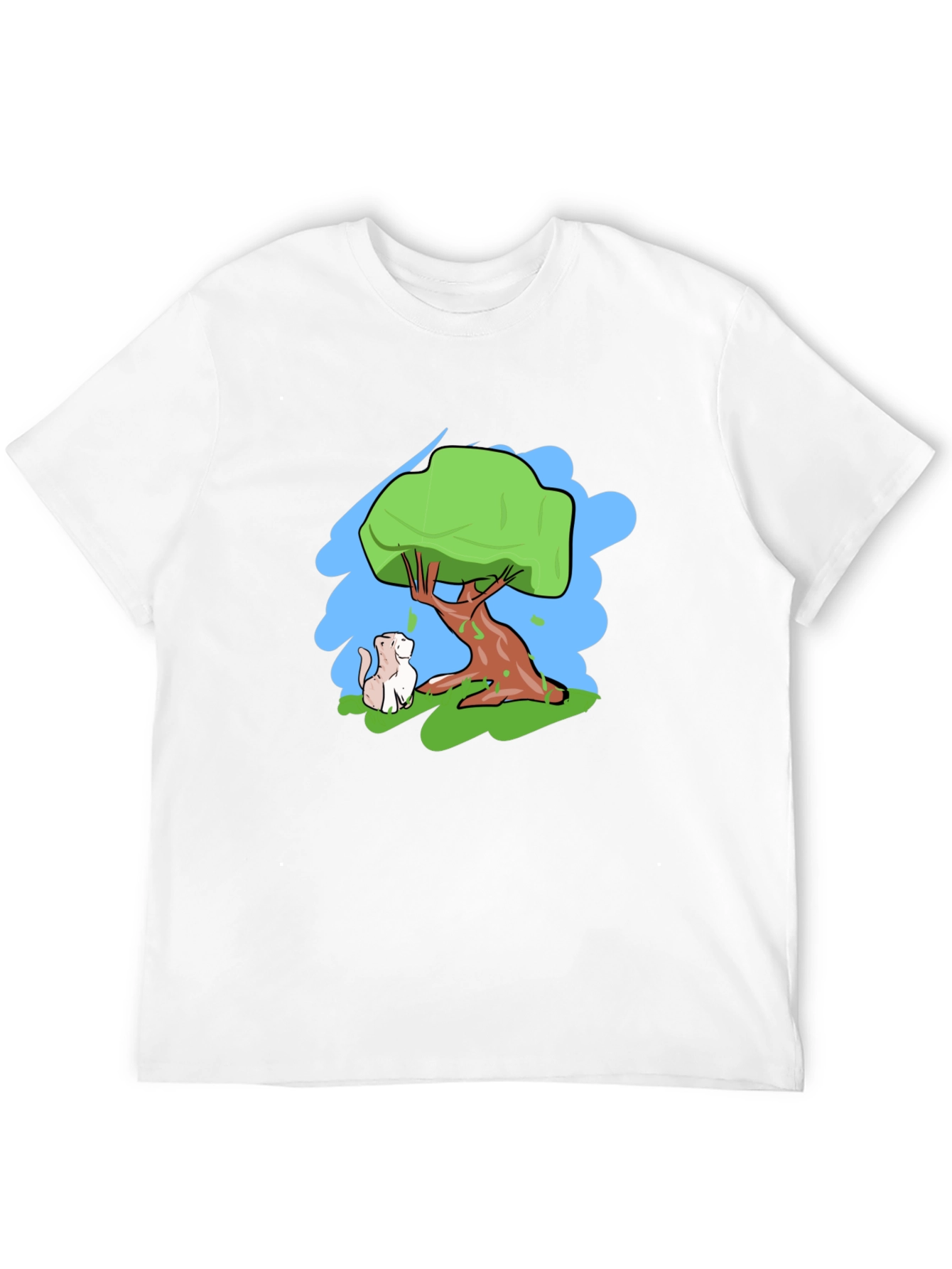 Cartoon Tree & Cat Graphic Black T-Shirt