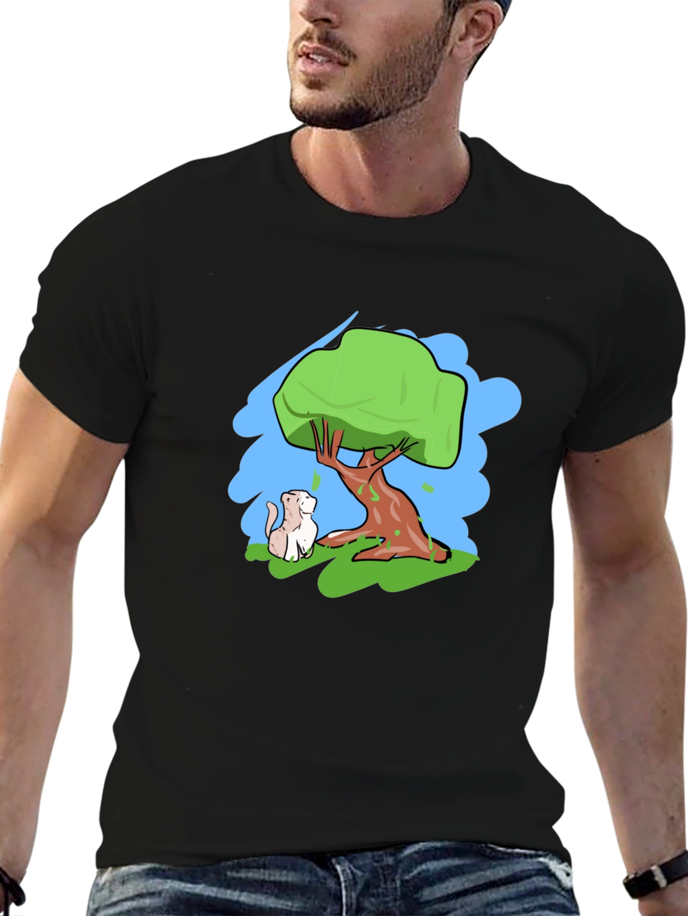 Cartoon Tree & Cat Graphic Black T-Shirt