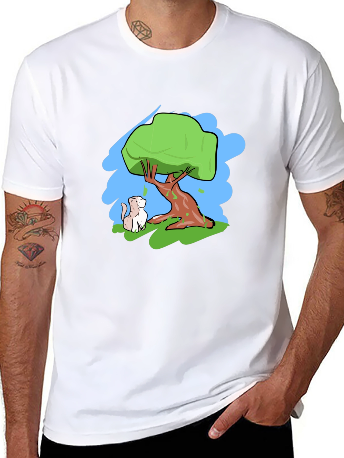 Cartoon Tree & Cat Graphic Black T-Shirt